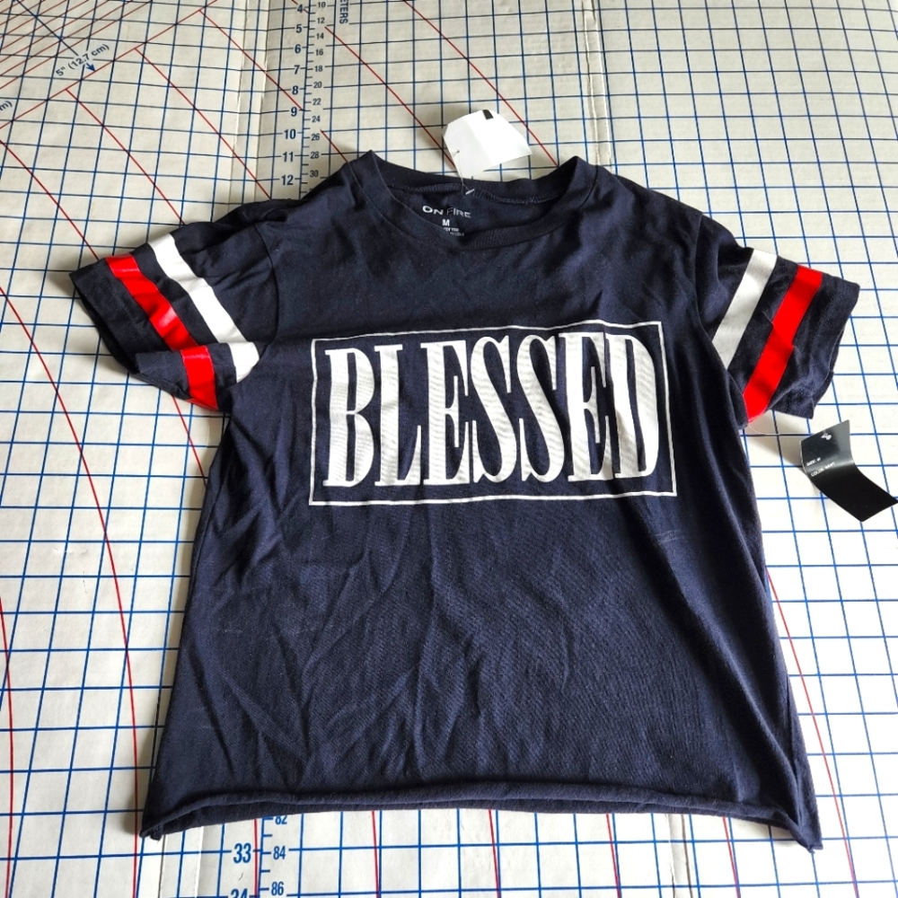 BLESSED Graphic T-Shirt Blue & White Varsity Stripe Sleeve Size M
